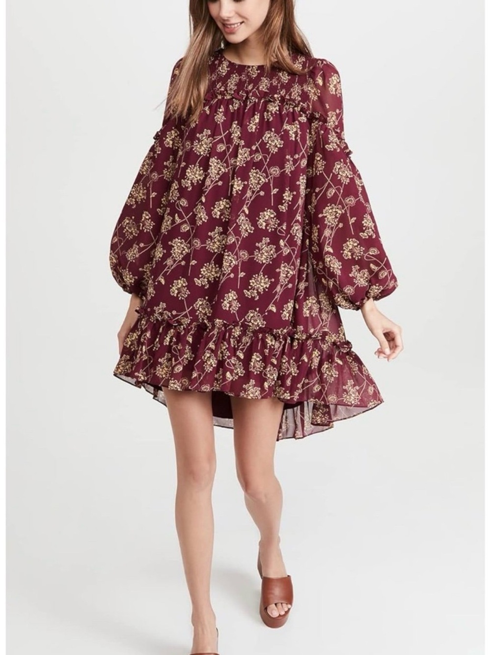 cinq a sept Burgundy with Cream Floral Dress Size 4 NWTS